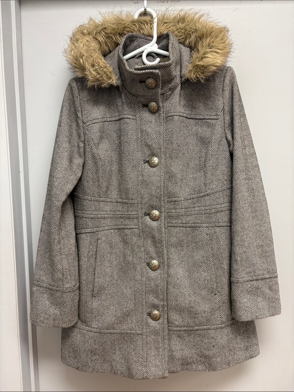 Esprit Gray Herringbone Wool Blend Hooded Coat Faux Fur Trim Women’s Large